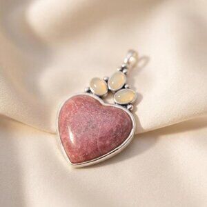 Heart Pendant Zoisite Cabochon Rainbow Moonstone Silver Tone 2"